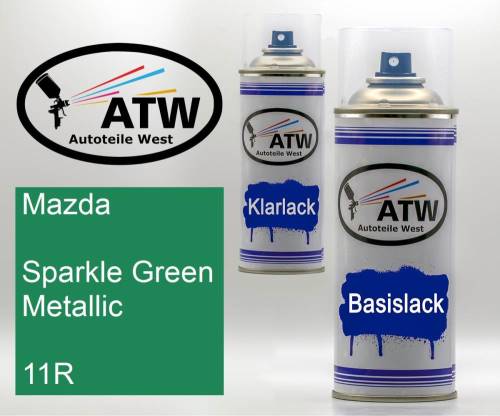 Mazda, Sparkle Green Metallic, 11R: 400ml Sprühdose + 400ml Klarlack - Set, von ATW Autoteile West.